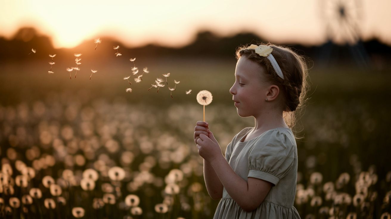 A girl blowing dandelion seeds in a golden field at sunset — joy spreads like dandelion seeds, you blow once the whole field fills up