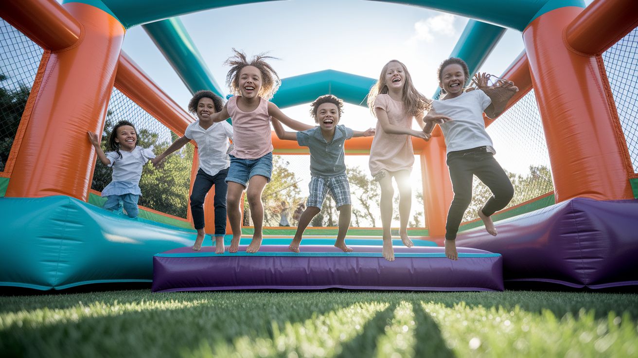 Kids laughing and jumping together on a colorful inflatable bounce house — joy was meant to be shared, joy divided by 100 equals festival